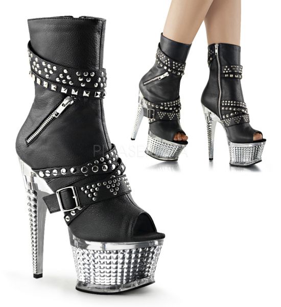 ILLUSION-1015 schwarz PU Peep Toe Plateau Stiefelette mit Reißverschlüssen und mehreren nietenbesetzten Riemchen